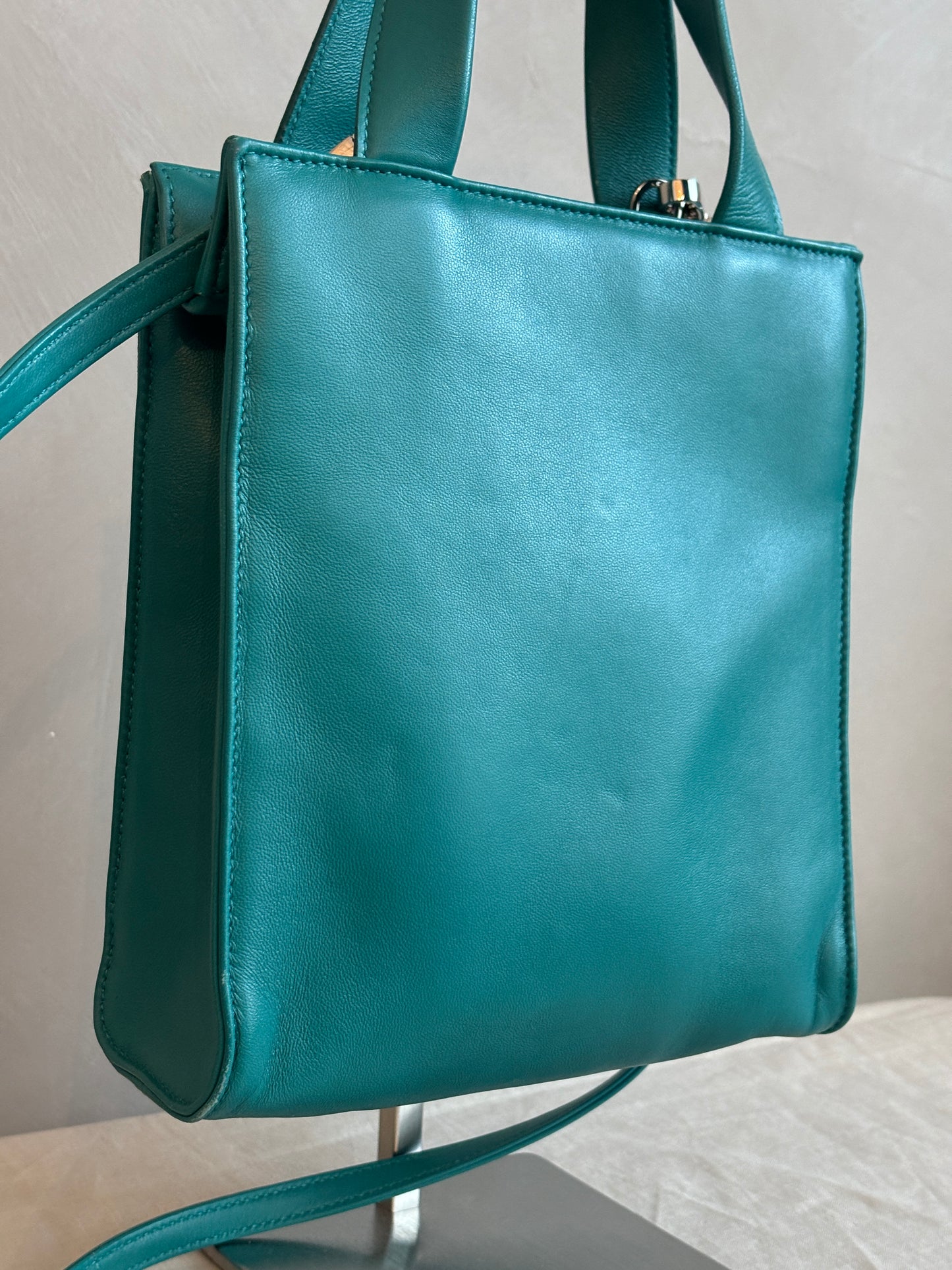 prada Nappa Triangle Pocket Small Tote Bag Teal