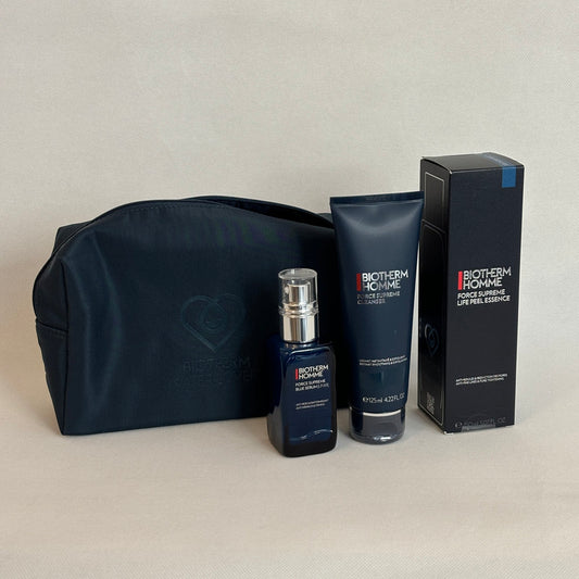 biotherm homme force supreme set of 3 with pouch: cleanser, blue serum, life peel essence