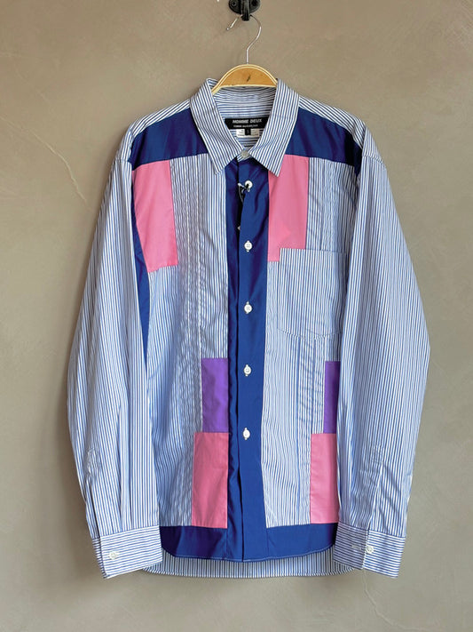 CDG HOMME DEUX blue stripes patchwork shirt