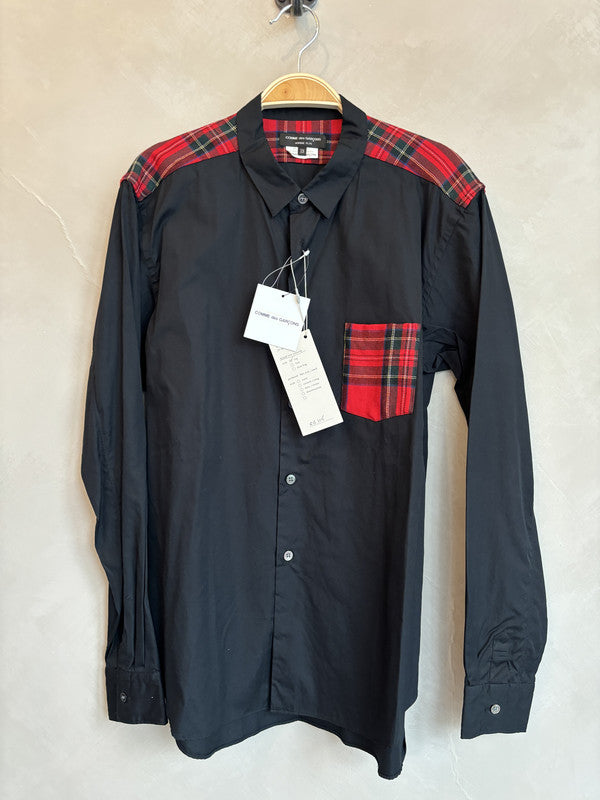 comme des garcon homme plus red checked patch black shirt