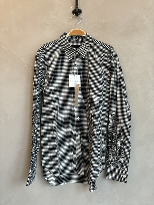 comme des garcon homme plus black n white checked ruffle sleeve shirt