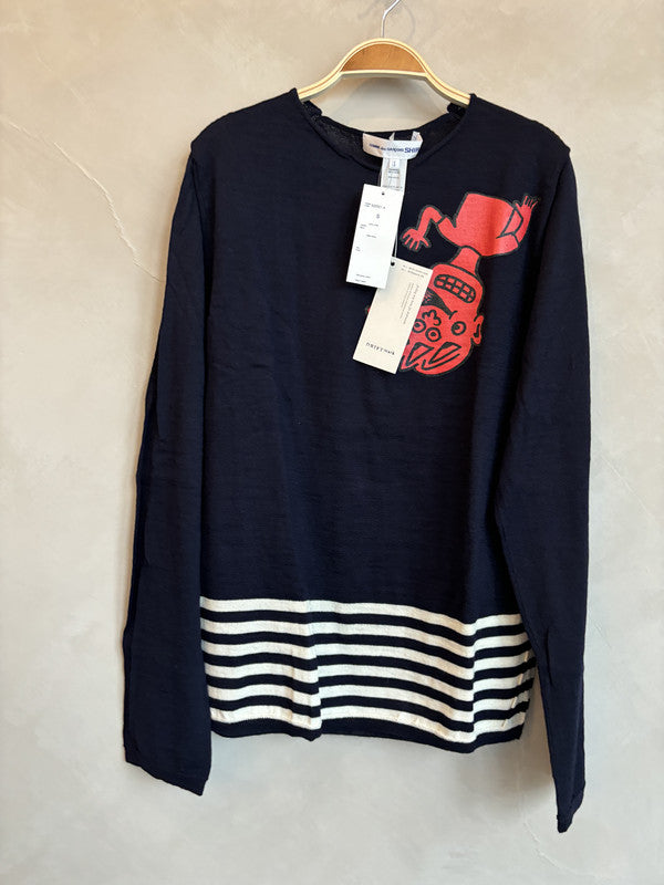 CDG SHIRT navy oni print long sleeve wool top