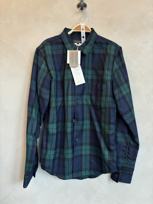 comme des garcon homme plus green x navy checked shirt