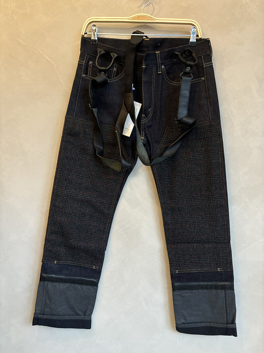 junya watanabe wool patch denim pants with leather suspender