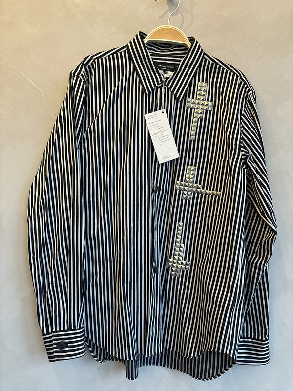 comme des garcon homme plus black n white stripe stud cross shirt