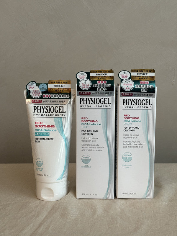 PHYSIOGEL Red Soothing Cica Balance Set of 3: +AC Foam 120ml + Toner 200ml + Cream 80ml