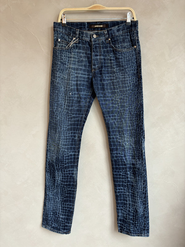 ROBERTO CAVALLI snake scale pattern washed indigo denim pants