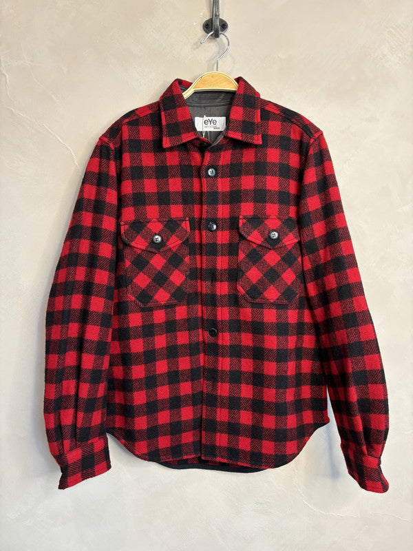 eYe COMME des GARCONS JUNYA WATANABE Red checked flannel shirt jacket with leather cuff details