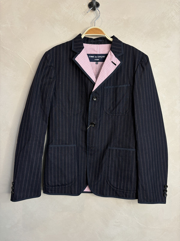 comme des garcon homme navy striped pink checked collar blazer jacket