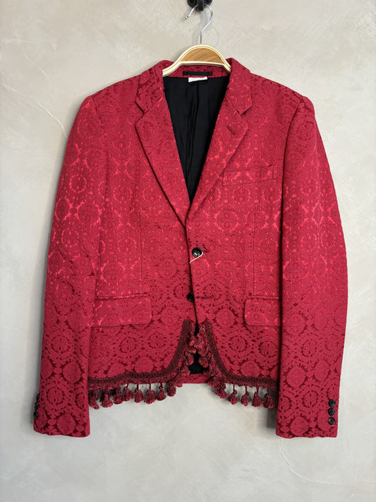 comme des garcon homme plus red jacquard tassel hem jacket