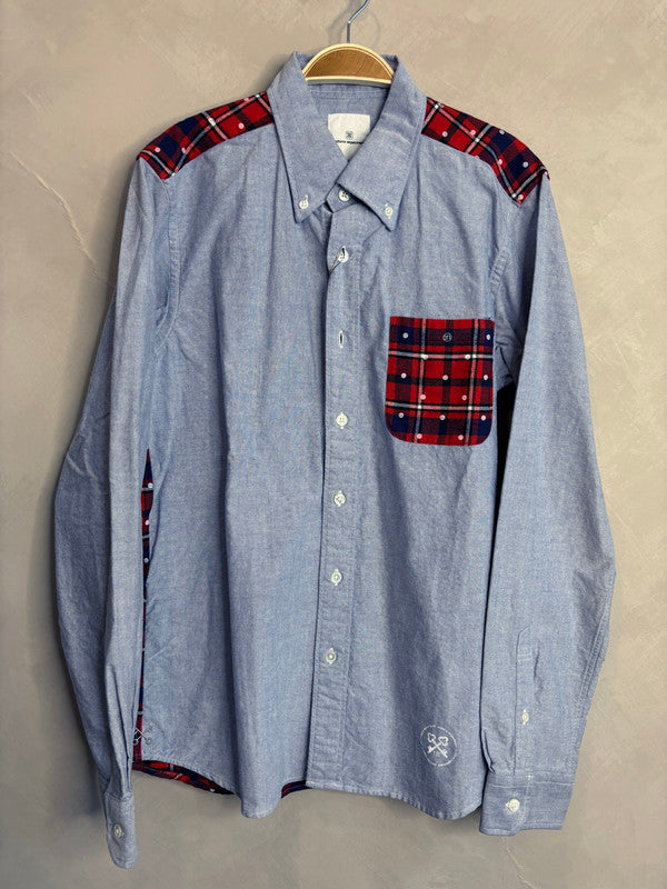 uniform experiment blue oxford shirt with red flannel patchwork