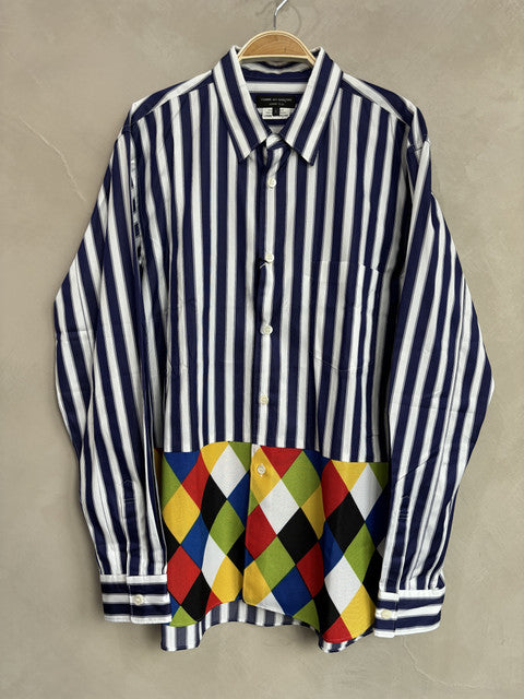 comme des garcon homme plus navy striped diamond patch hem shirt