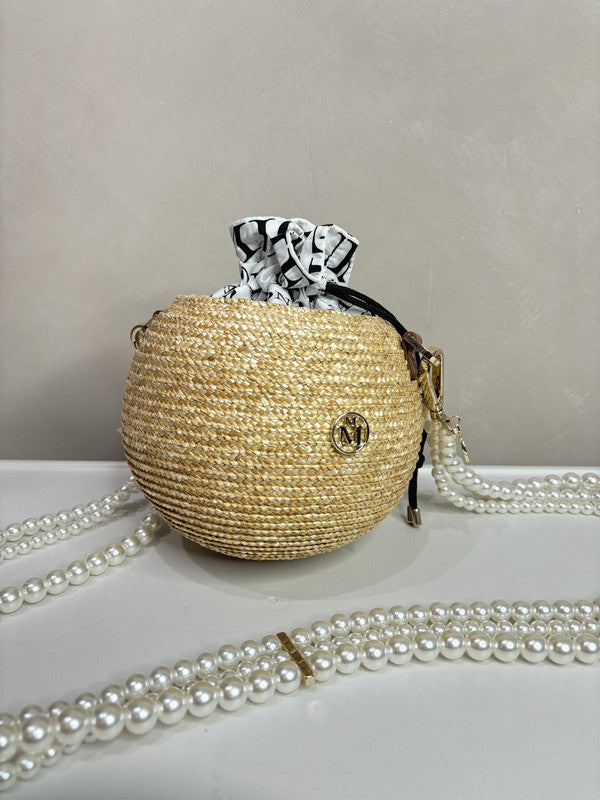 MAISON MICHEL Rattan Ball Bag w/ Pearl Chain