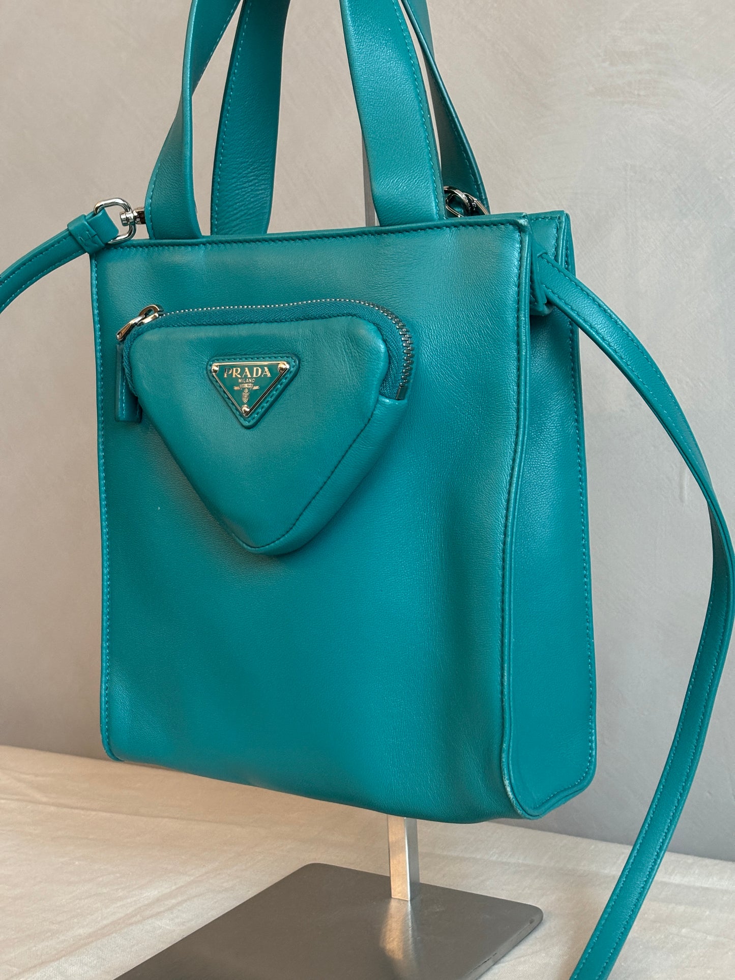 prada Nappa Triangle Pocket Small Tote Bag Teal