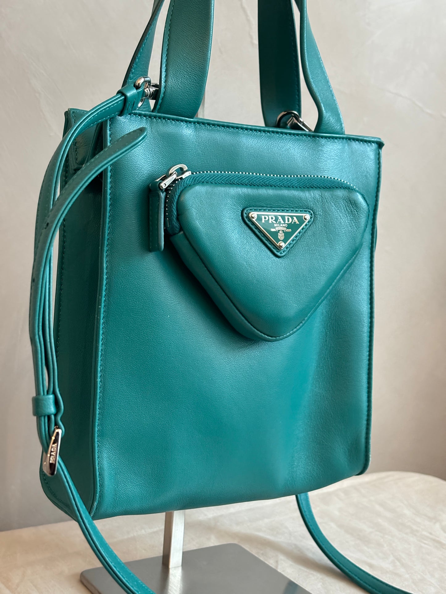 prada Nappa Triangle Pocket Small Tote Bag Teal