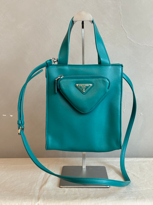 prada Nappa Triangle Pocket Small Tote Bag Teal